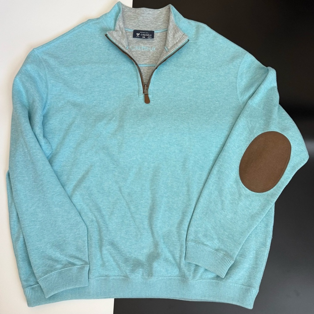 Cremieux teal means sweater with sleeve patches. Zip up neck. 2XB